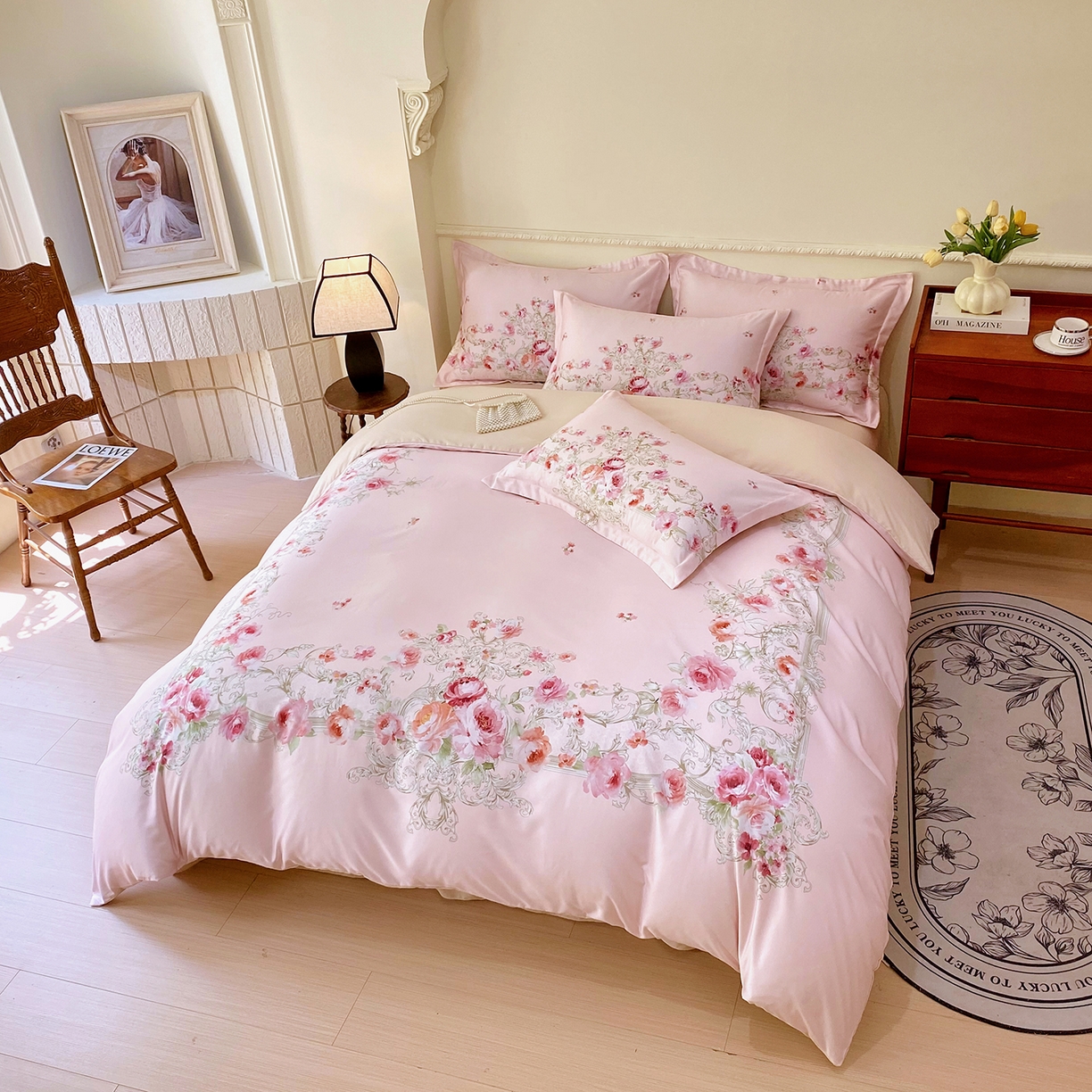 91家纺网 家纺一手货源 找家纺 大麦乐田 2025新款 直播爆款细斜纹磨毛数码印花四件套 诺曼庄园 粉