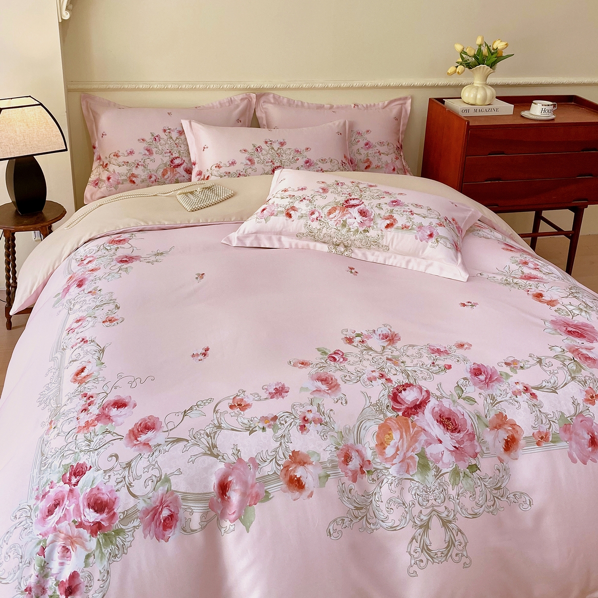 91家纺网 家纺一手货源 找家纺 大麦乐田 2025新款 直播爆款细斜纹磨毛数码印花四件套 诺曼庄园 粉