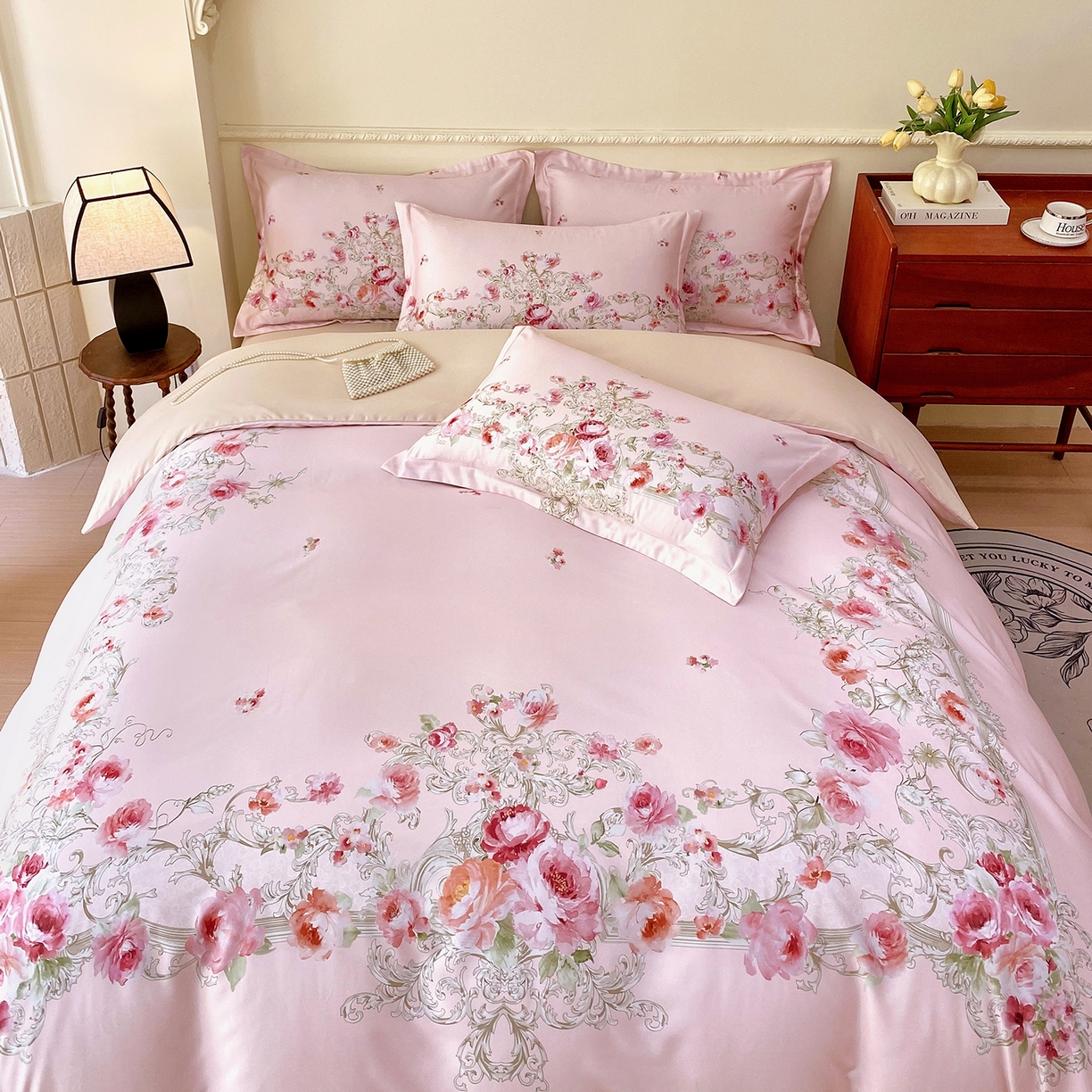 91家纺网 家纺一手货源 找家纺 大麦乐田 2025新款 直播爆款细斜纹磨毛数码印花四件套 诺曼庄园 粉