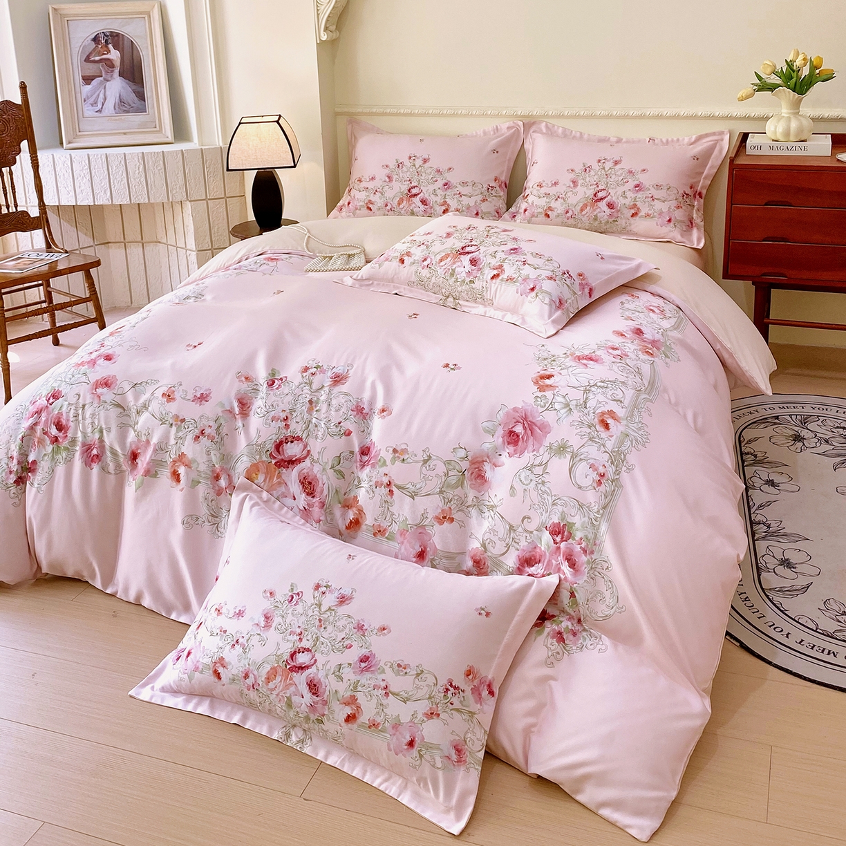 91家纺网 家纺一手货源 找家纺 大麦乐田 2025新款 直播爆款细斜纹磨毛数码印花四件套 诺曼庄园 粉