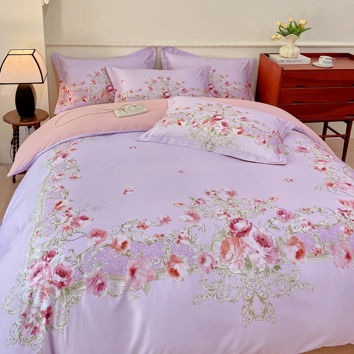 91家纺网 家纺一手货源 找家纺 大麦乐田 2025新款 直播爆款细斜纹磨毛数码印花四件套 诺曼庄园 紫