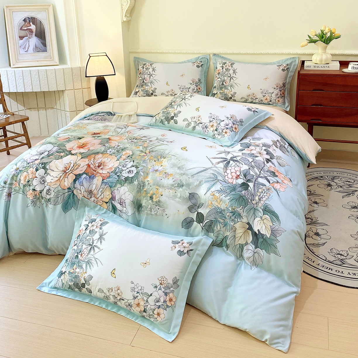 91家纺网 家纺一手货源 找家纺 大麦乐田 2025新款 直播爆款细斜纹磨毛数码印花四件套 仙本娜 兰