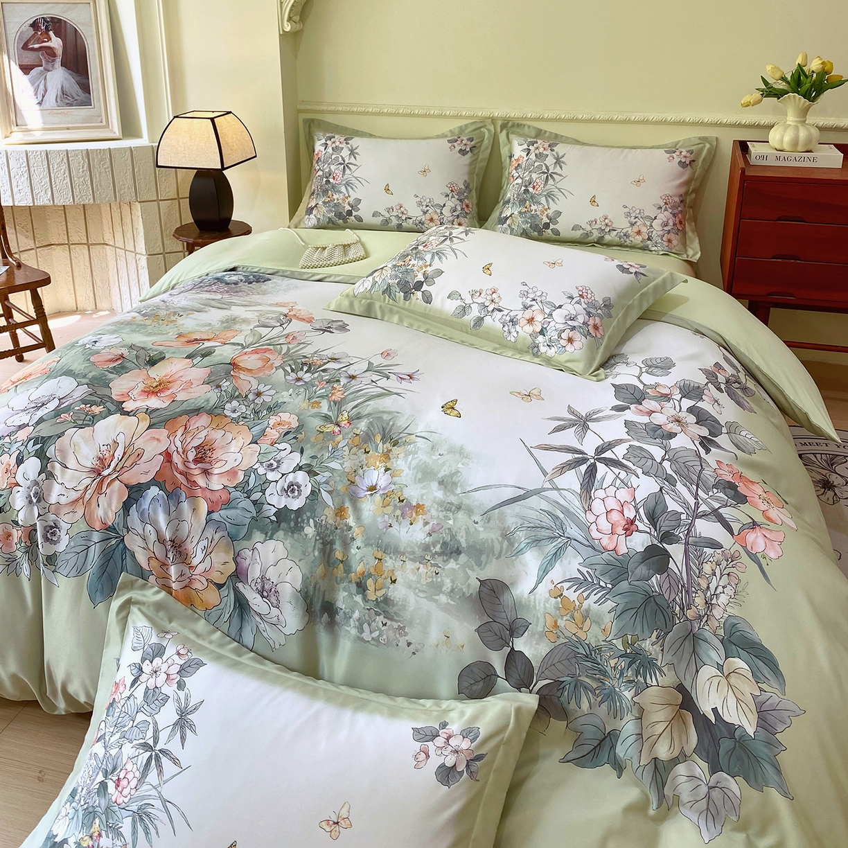 91家纺网 家纺一手货源 找家纺 大麦乐田 2025新款 直播爆款细斜纹磨毛数码印花四件套 仙本娜 绿