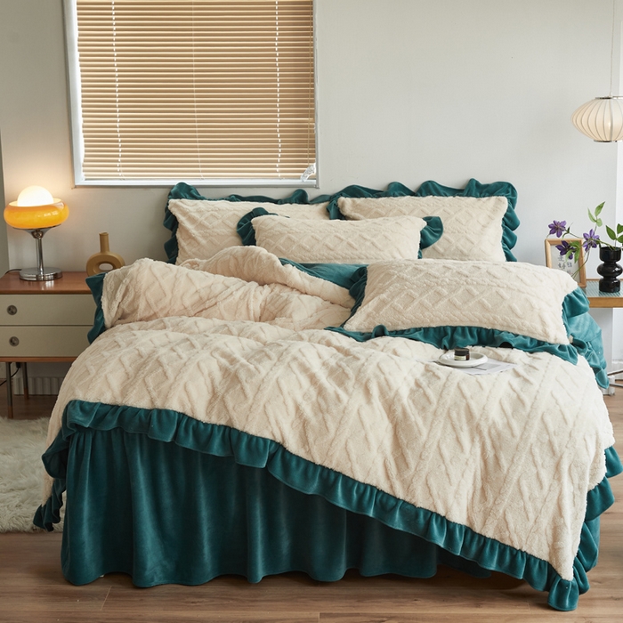 睡美人 2025新款韩版塔芙绒牛奶绒床单床裙床笠款四件套 依情白+星空蓝