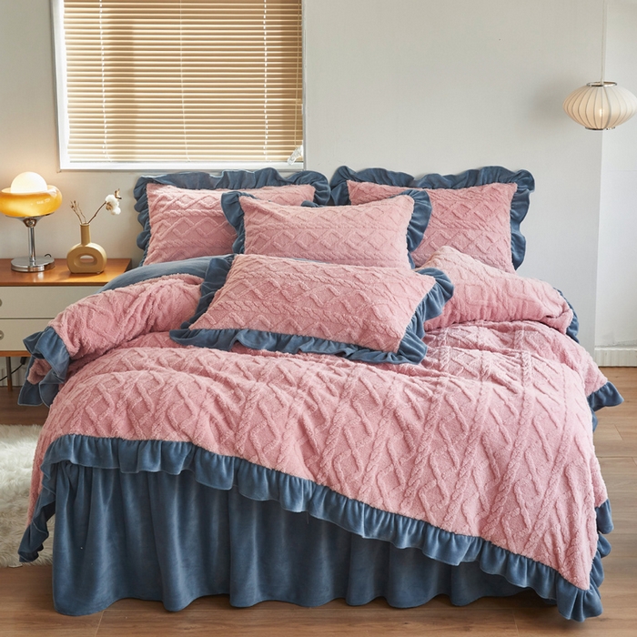 睡美人 2025新款韩版塔芙绒牛奶绒床单床裙床笠款四件套 依情粉+罗马灰