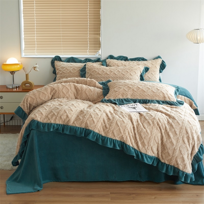 睡美人 2025新款韩版塔芙绒牛奶绒床单床裙床笠款四件套 依情驼+星空蓝