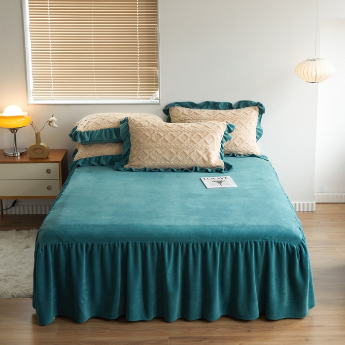 91家纺网 家纺一手货源 找家纺 睡美人 2025新款韩版塔芙绒牛奶绒床单床裙床笠款四件套 依情驼+星空蓝