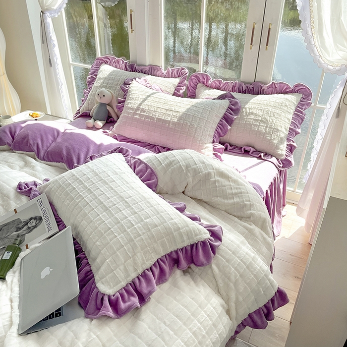 91家纺网 家纺一手货源 找家纺 （总）睡美人 2025新款韩版方块兔绒牛奶绒床裙公主款四件套