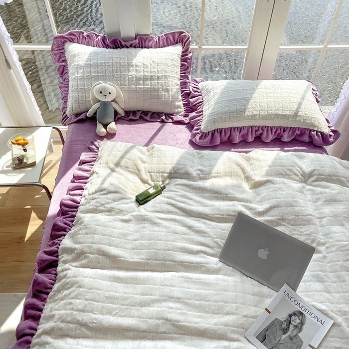 91家纺网 家纺一手货源 找家纺 （总）睡美人 2025新款韩版方块兔绒牛奶绒床裙公主款四件套