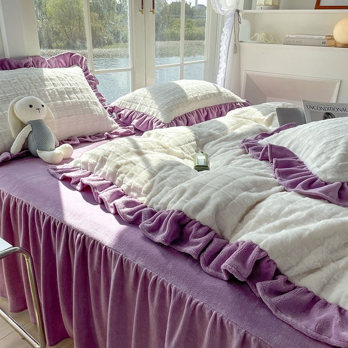 91家纺网 家纺一手货源 找家纺 （总）睡美人 2025新款韩版方块兔绒牛奶绒床裙公主款四件套