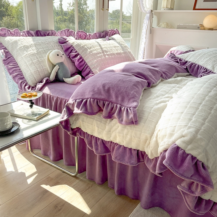 91家纺网 家纺一手货源 找家纺 （总）睡美人 2025新款韩版方块兔绒牛奶绒床裙公主款四件套