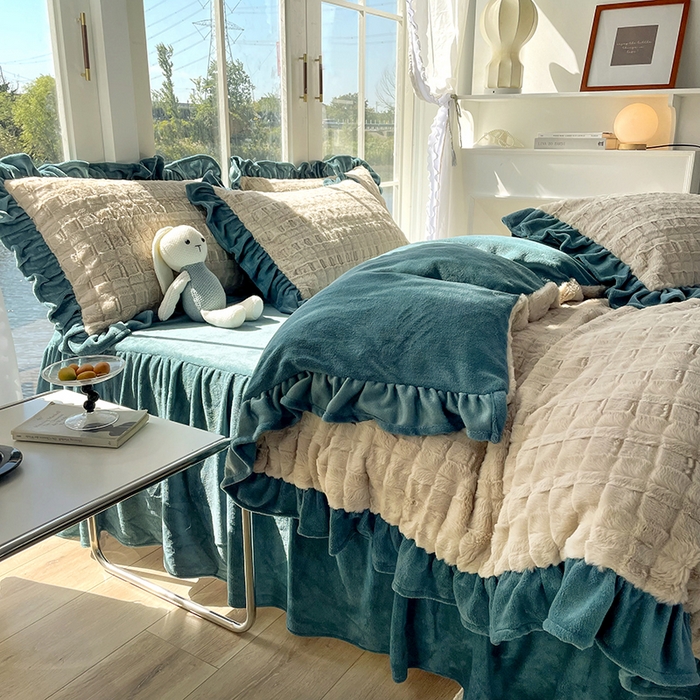 91家纺网 家纺一手货源 找家纺 （总）睡美人 2025新款韩版方块兔绒牛奶绒床裙公主款四件套