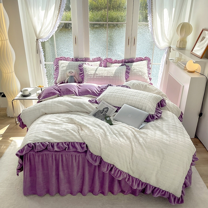 91家纺网 家纺一手货源 找家纺 睡美人 2025新款韩版方块兔绒牛奶绒床裙公主款四件套 方块兔绒-薰衣紫