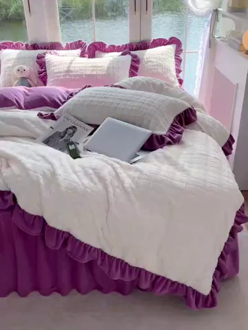 91家纺网 家纺一手货源 找家纺 睡美人 2025新款韩版方块兔绒牛奶绒床裙公主款四件套 方块兔绒-薰衣紫