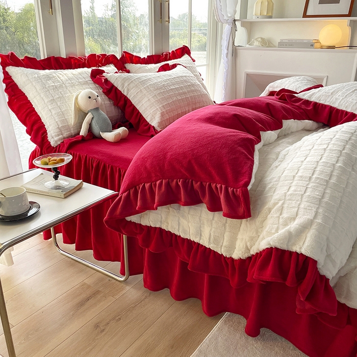 睡美人 2025新款韩版方块兔绒牛奶绒床裙公主款四件套 方块兔绒-大红色