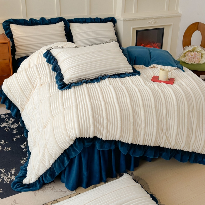 91家纺网 家纺一手货源 找家纺 睡美人 2025新款牛奶绒韩版四件套子母条双边床裙床单款 子母条-孔雀绿