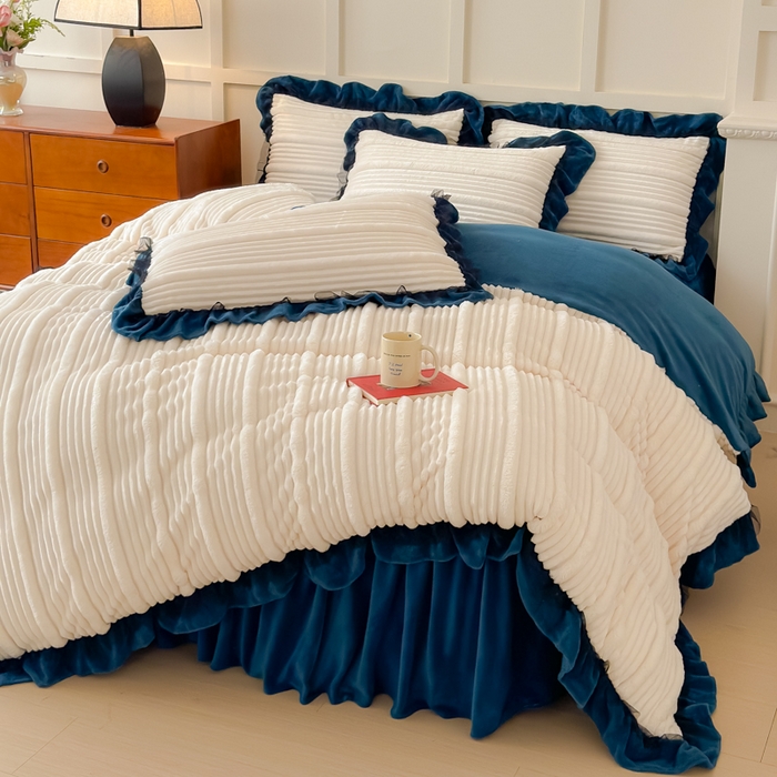 91家纺网 家纺一手货源 找家纺 睡美人 2025新款牛奶绒韩版四件套子母条双边床裙床单款 子母条-孔雀绿