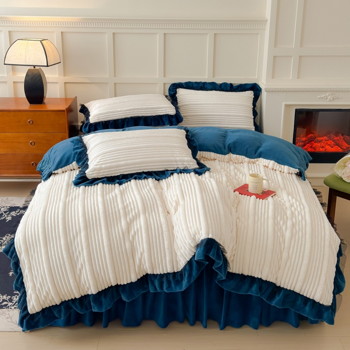 睡美人 2025新款牛奶绒韩版四件套子母条双边床裙床单款 子母条-孔雀绿