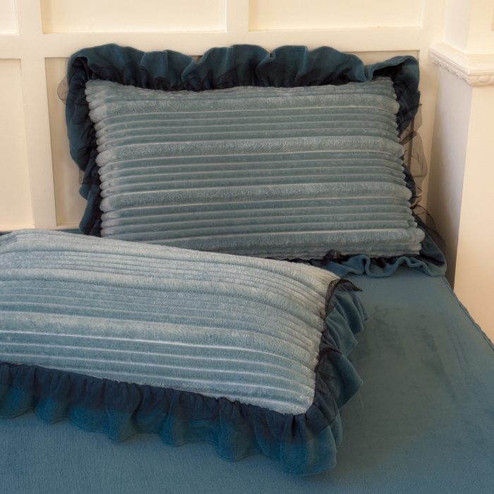 91家纺网 家纺一手货源 找家纺 睡美人 2025新款牛奶绒韩版四件套子母条双边床裙床单款 子母条-星空蓝