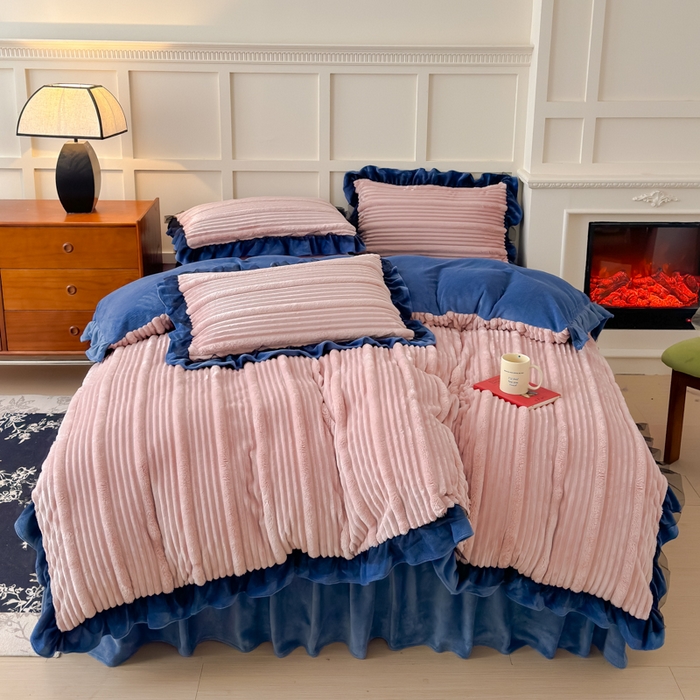 睡美人 2025新款牛奶绒韩版四件套子母条双边床裙床单款 子母条-罗马灰