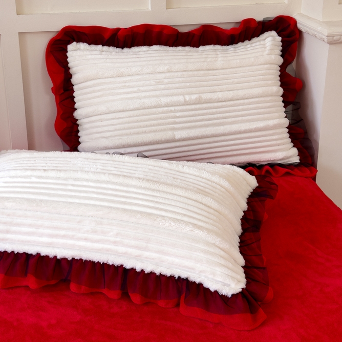 91家纺网 家纺一手货源 找家纺 睡美人 2025新款牛奶绒韩版四件套子母条双边床裙床单款 子母条-中国红