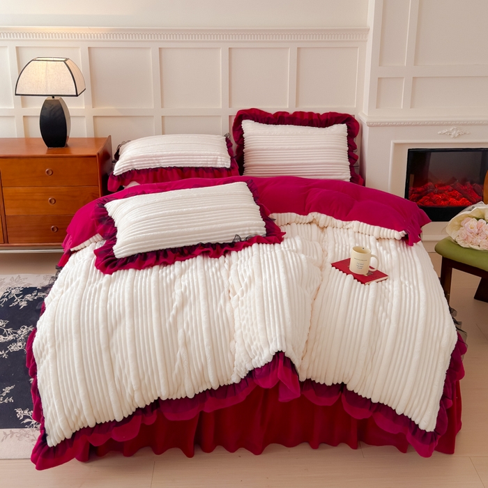 睡美人 2025新款牛奶绒韩版四件套子母条双边床裙床单款 子母条-酒红色