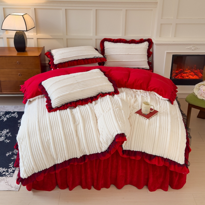 91家纺网 家纺一手货源 找家纺 睡美人 2025新款牛奶绒韩版四件套子母条双边床裙床单款 子母条-中国红