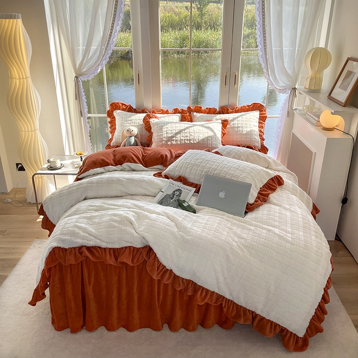 91家纺网 家纺一手货源 找家纺 睡美人 2025新款韩版方块兔绒牛奶绒床裙公主款四件套 方块兔绒-阳光橙