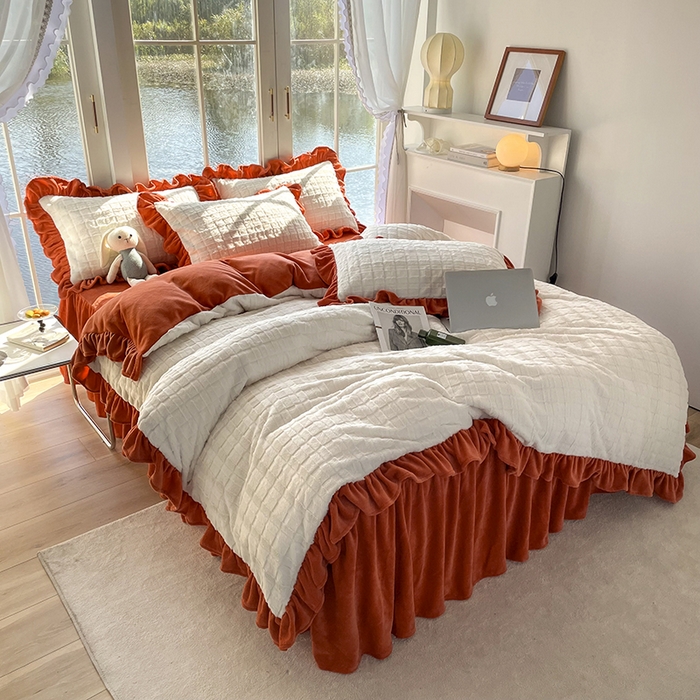 91家纺网 家纺一手货源 找家纺 睡美人 2025新款韩版方块兔绒牛奶绒床裙公主款四件套 方块兔绒-阳光橙