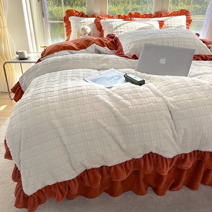 91家纺网 家纺一手货源 找家纺 睡美人 2025新款韩版方块兔绒牛奶绒床裙公主款四件套 方块兔绒-阳光橙