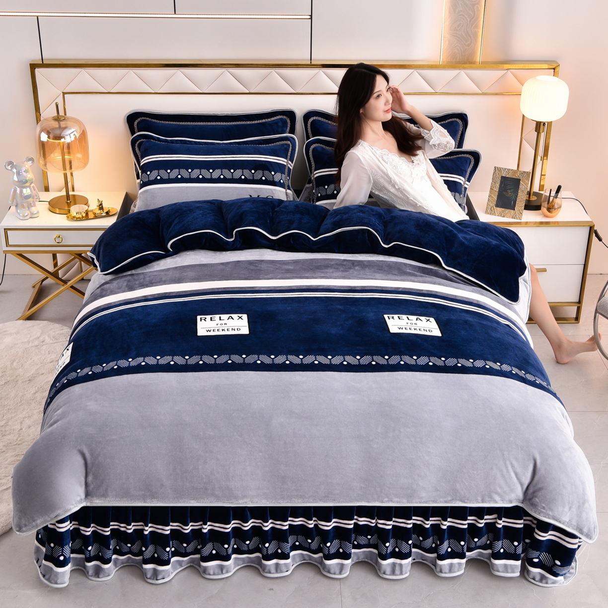 91家纺网 家纺一手货源 找家纺 启扬 2025直播爆款新款8.5斤加厚高克重牛奶绒四件套床裙款法莱绒宝宝绒金貂绒 安格斯