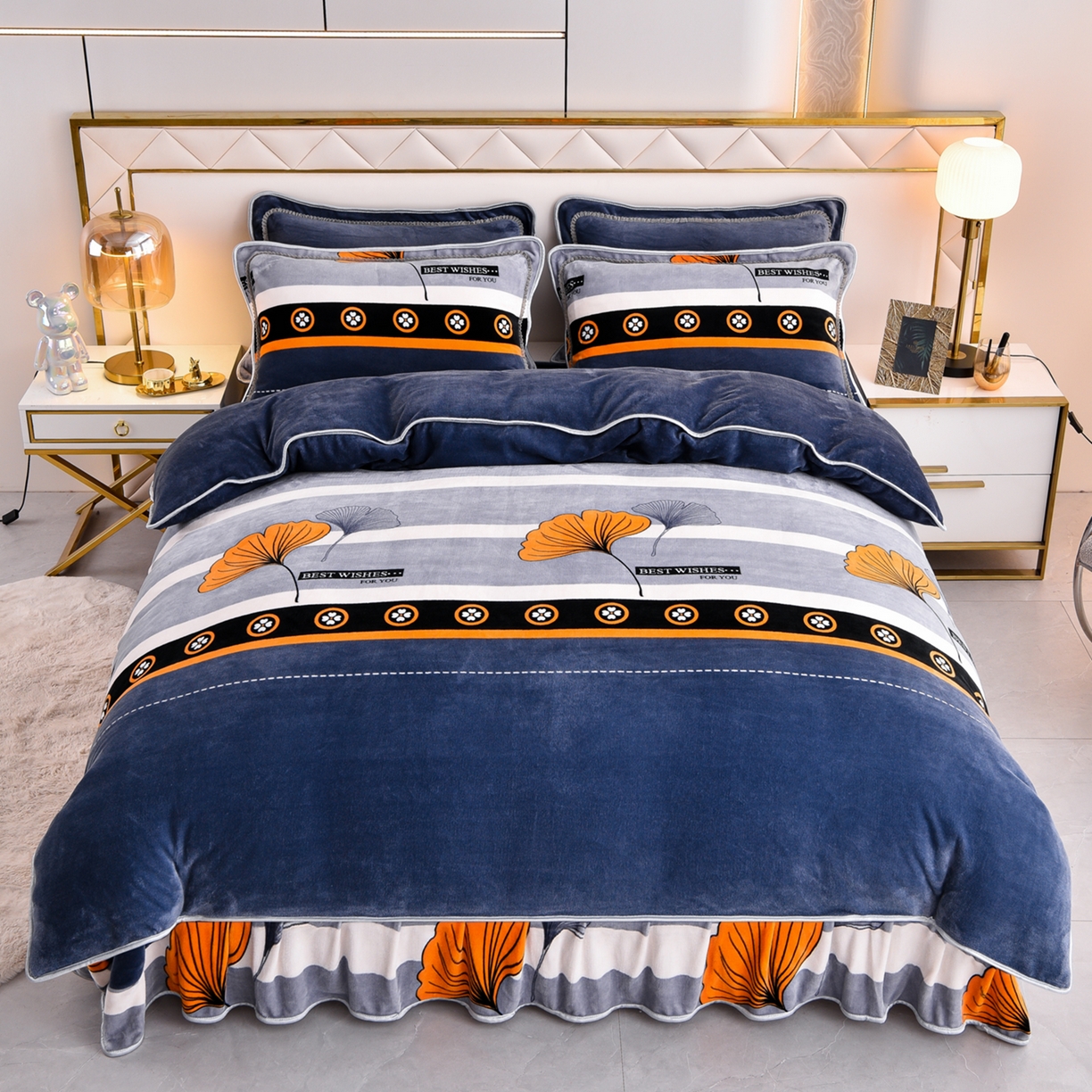 91家纺网 家纺一手货源 找家纺 启扬 2025直播爆款新款8.5斤加厚高克重牛奶绒四件套床裙款法莱绒宝宝绒金貂绒 幸运相伴