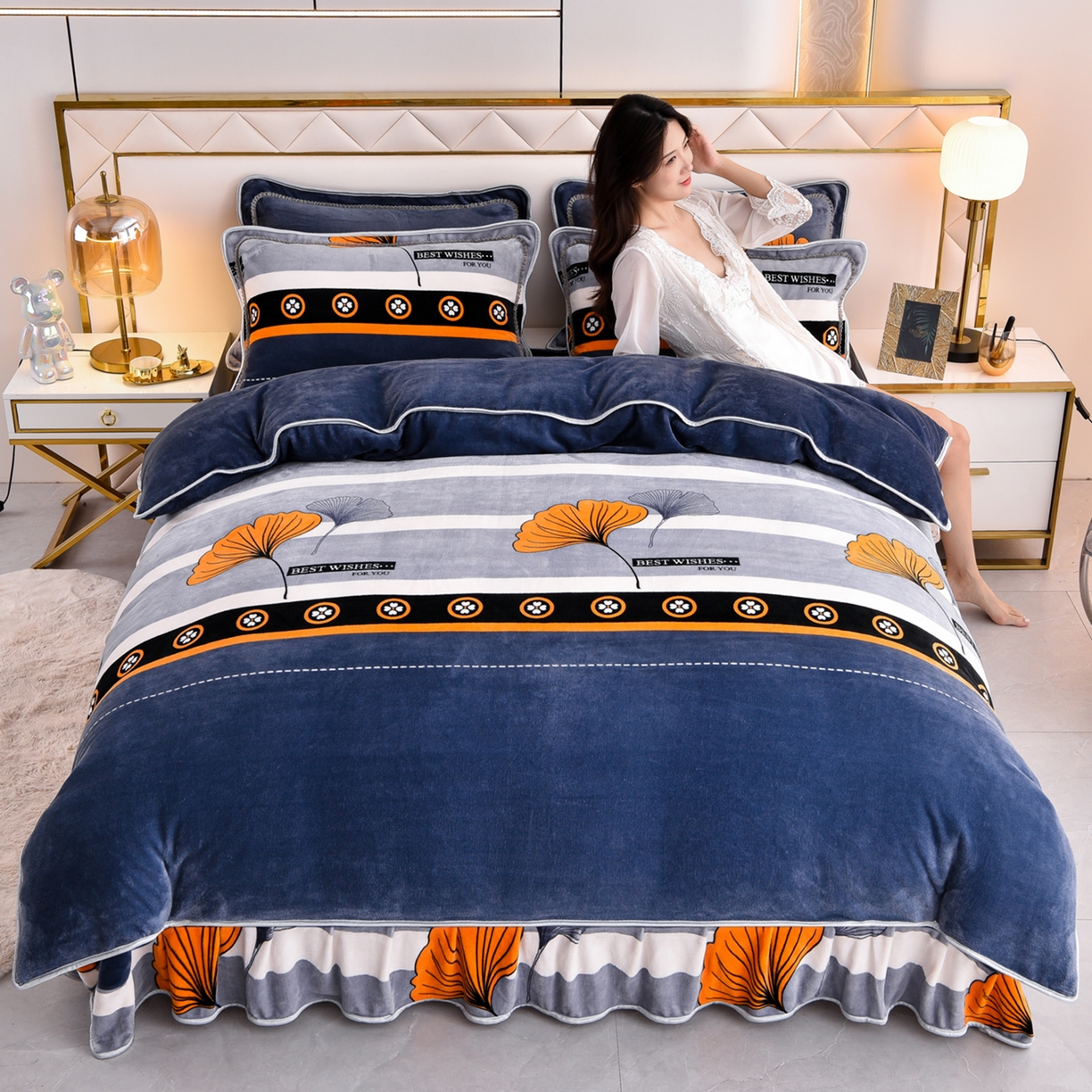 91家纺网 家纺一手货源 找家纺 启扬 2025直播爆款新款8.5斤加厚高克重牛奶绒四件套床裙款法莱绒宝宝绒金貂绒 幸运相伴