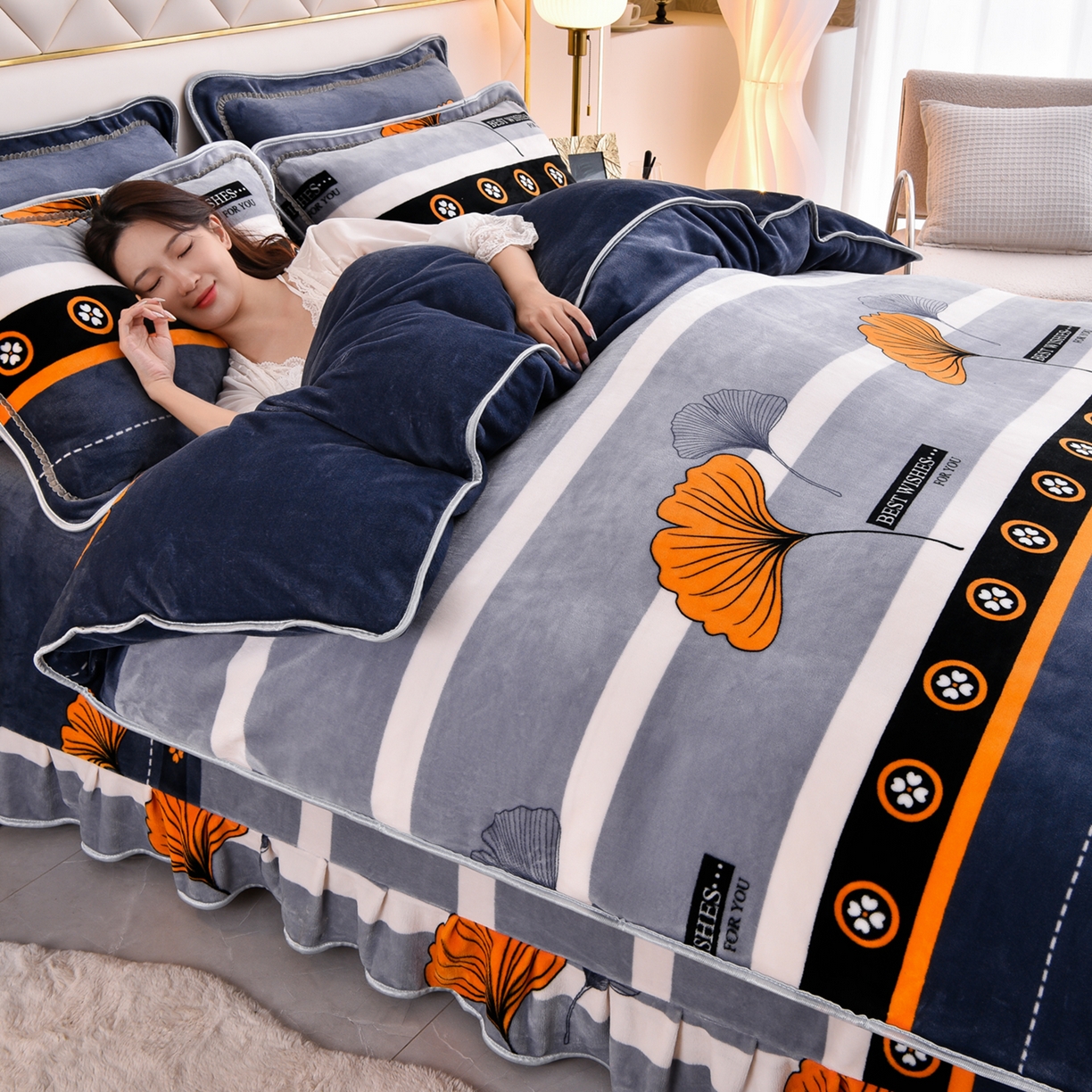 91家纺网 家纺一手货源 找家纺 启扬 2025直播爆款新款8.5斤加厚高克重牛奶绒四件套床裙款法莱绒宝宝绒金貂绒 幸运相伴