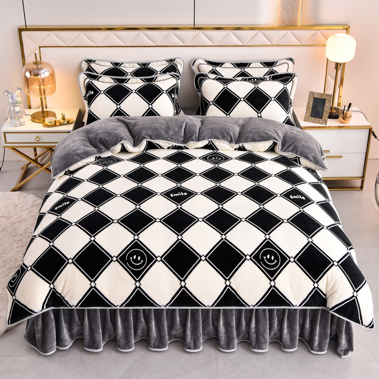 91家纺网 家纺一手货源 找家纺 启扬 2025直播爆款新款8.5斤加厚高克重牛奶绒四件套床裙款法莱绒宝宝绒金貂绒 浅夏时光