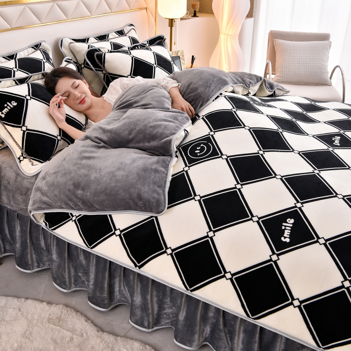 91家纺网 家纺一手货源 找家纺 启扬 2025直播爆款新款8.5斤加厚高克重牛奶绒四件套床裙款法莱绒宝宝绒金貂绒 浅夏时光