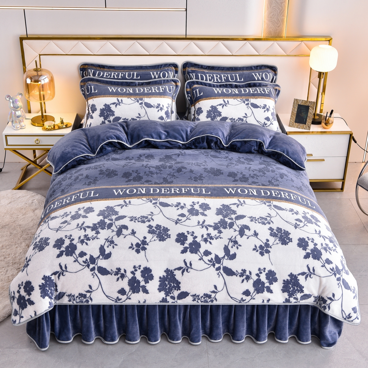 91家纺网 家纺一手货源 找家纺 启扬 2025直播爆款新款8.5斤加厚高克重牛奶绒四件套床裙款法莱绒宝宝绒金貂绒 幽兰馨语