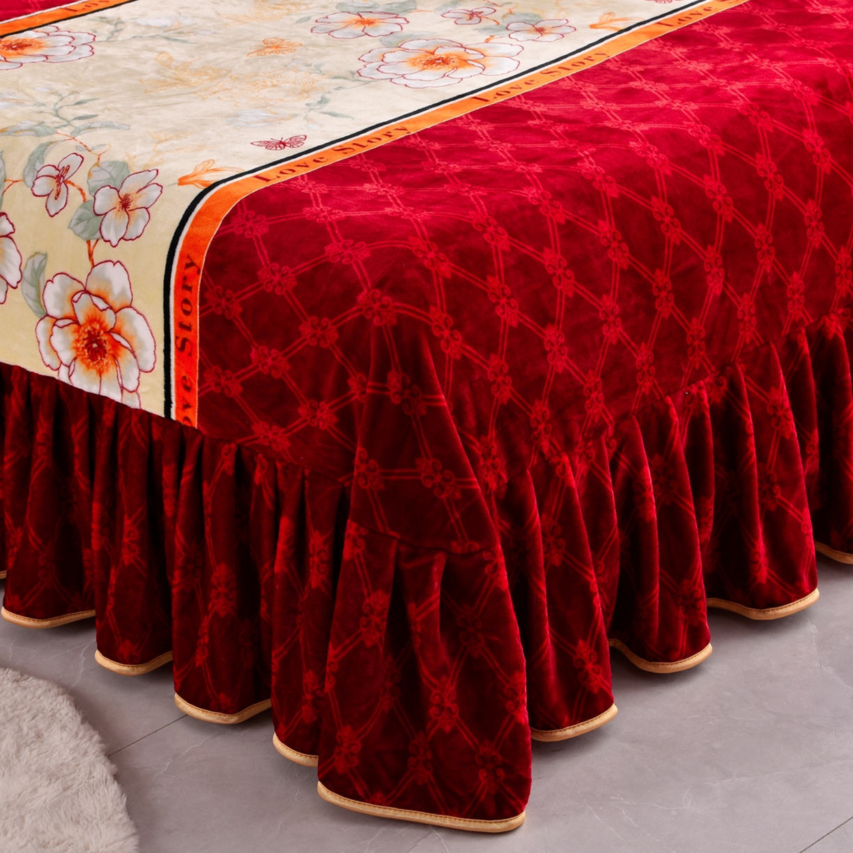 91家纺网 家纺一手货源 找家纺 启扬 2025直播爆款新款8.5斤加厚高克重牛奶绒四件套床裙款法莱绒宝宝绒金貂绒 嫣然