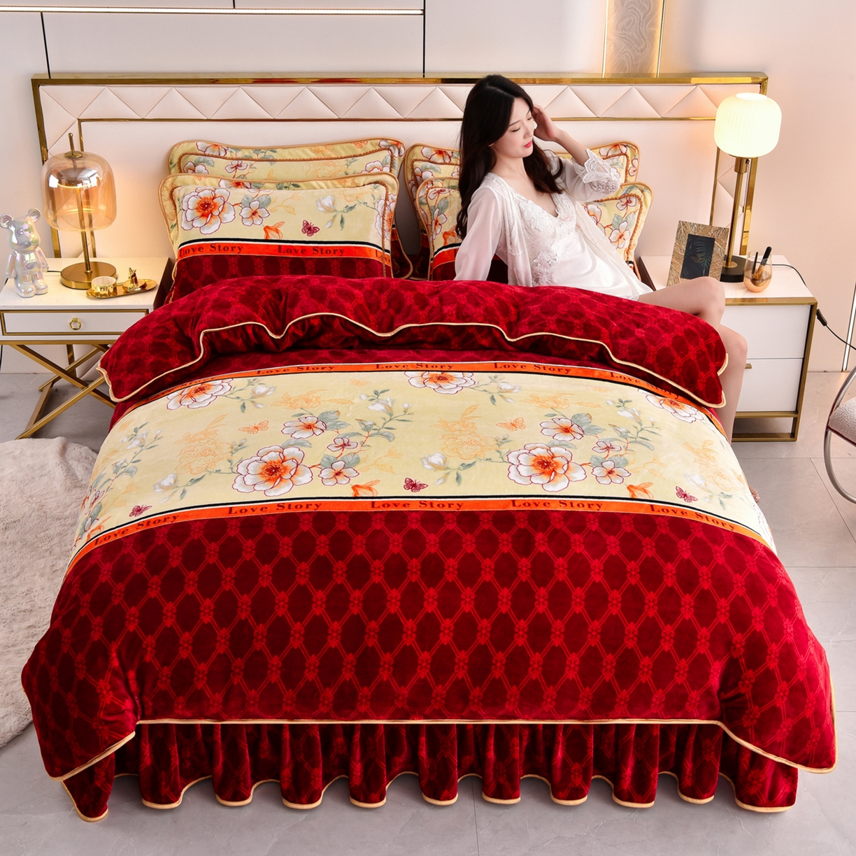 91家纺网 家纺一手货源 找家纺 启扬 2025直播爆款新款8.5斤加厚高克重牛奶绒四件套床裙款法莱绒宝宝绒金貂绒 嫣然