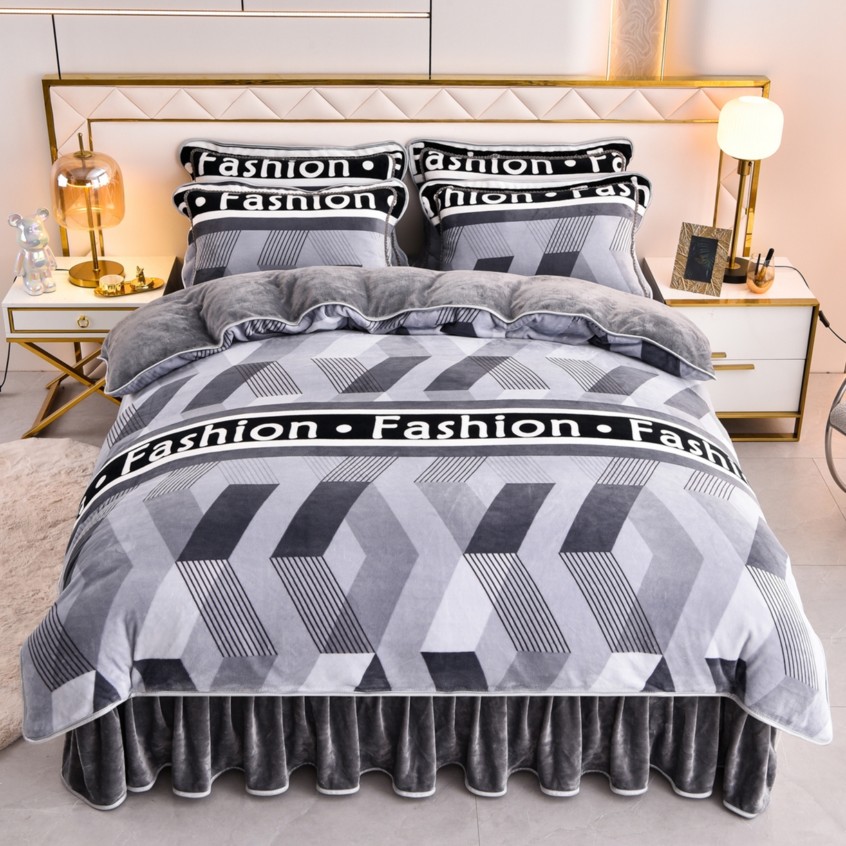 91家纺网 家纺一手货源 找家纺 启扬 2025直播爆款新款8.5斤加厚高克重牛奶绒四件套床裙款法莱绒宝宝绒金貂绒 希亚-灰