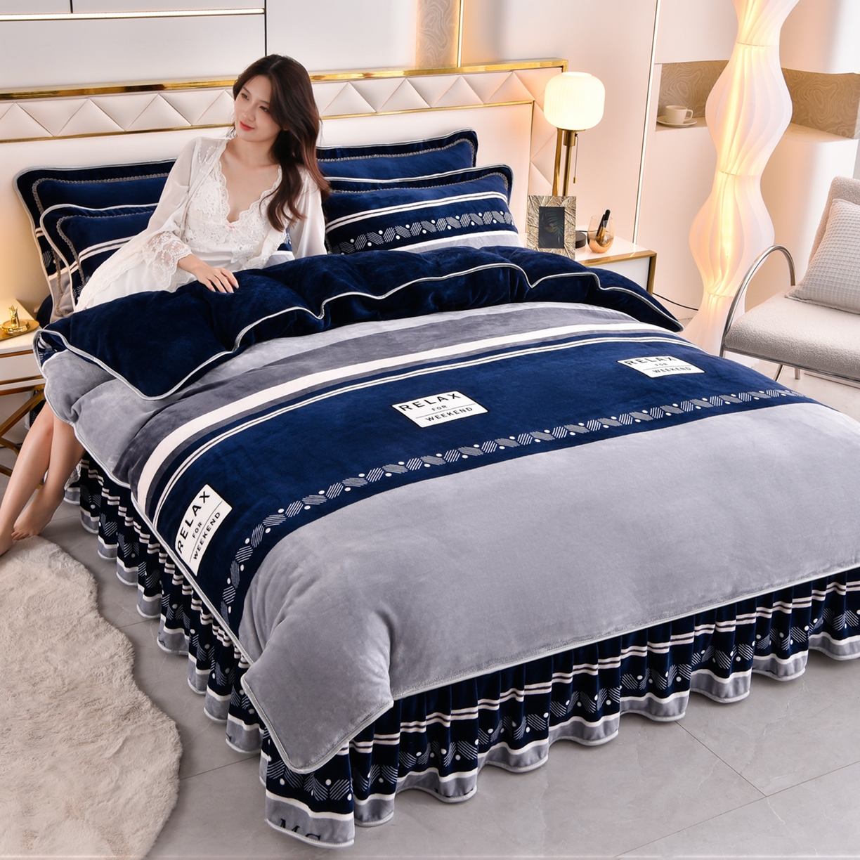 91家纺网 家纺一手货源 找家纺 （总）启扬 2025直播爆款新款8.5斤加厚高克重牛奶绒四件套床裙款法莱绒宝宝绒金貂绒