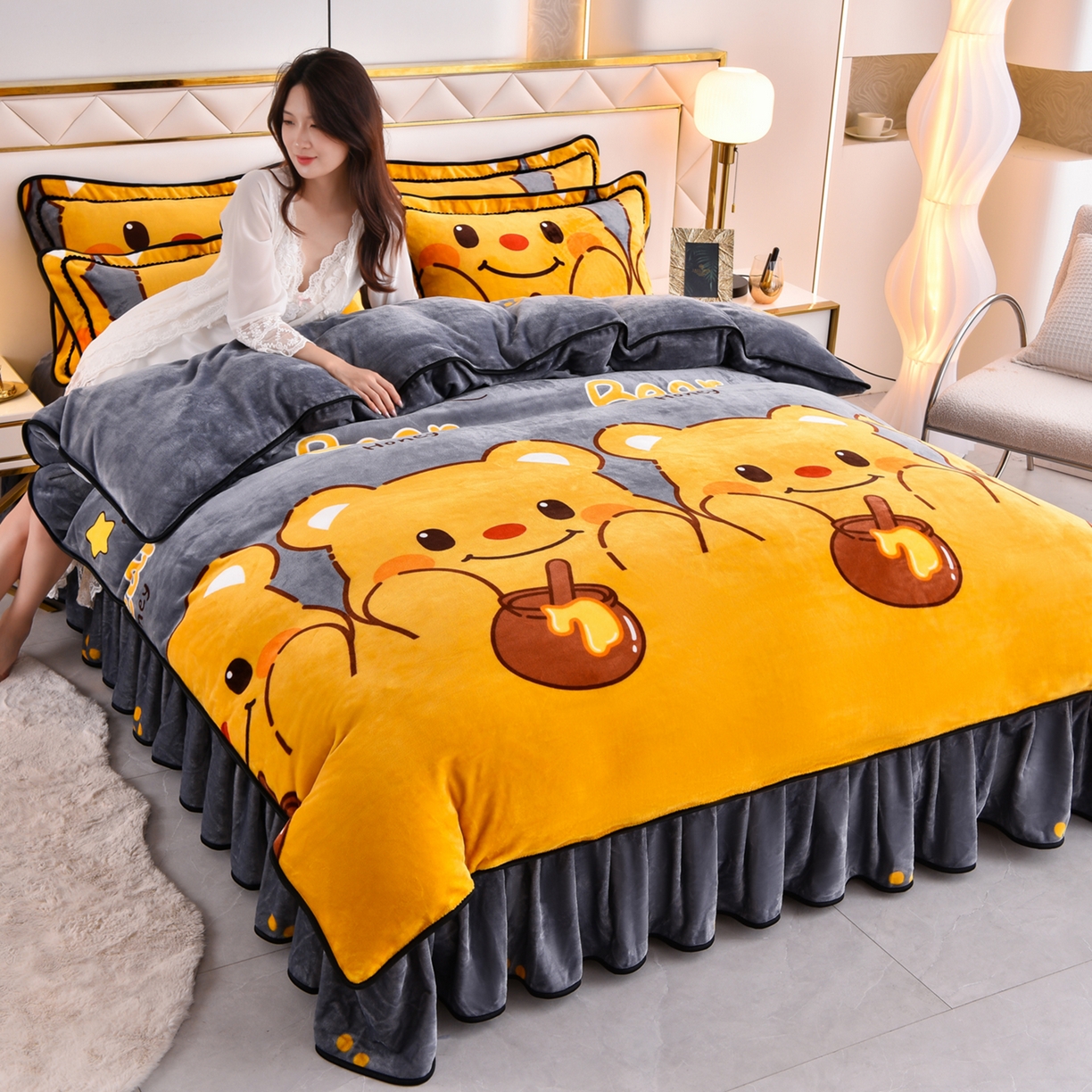 91家纺网 家纺一手货源 找家纺 （总）启扬 2025直播爆款新款8.5斤加厚高克重牛奶绒四件套床裙款法莱绒宝宝绒金貂绒