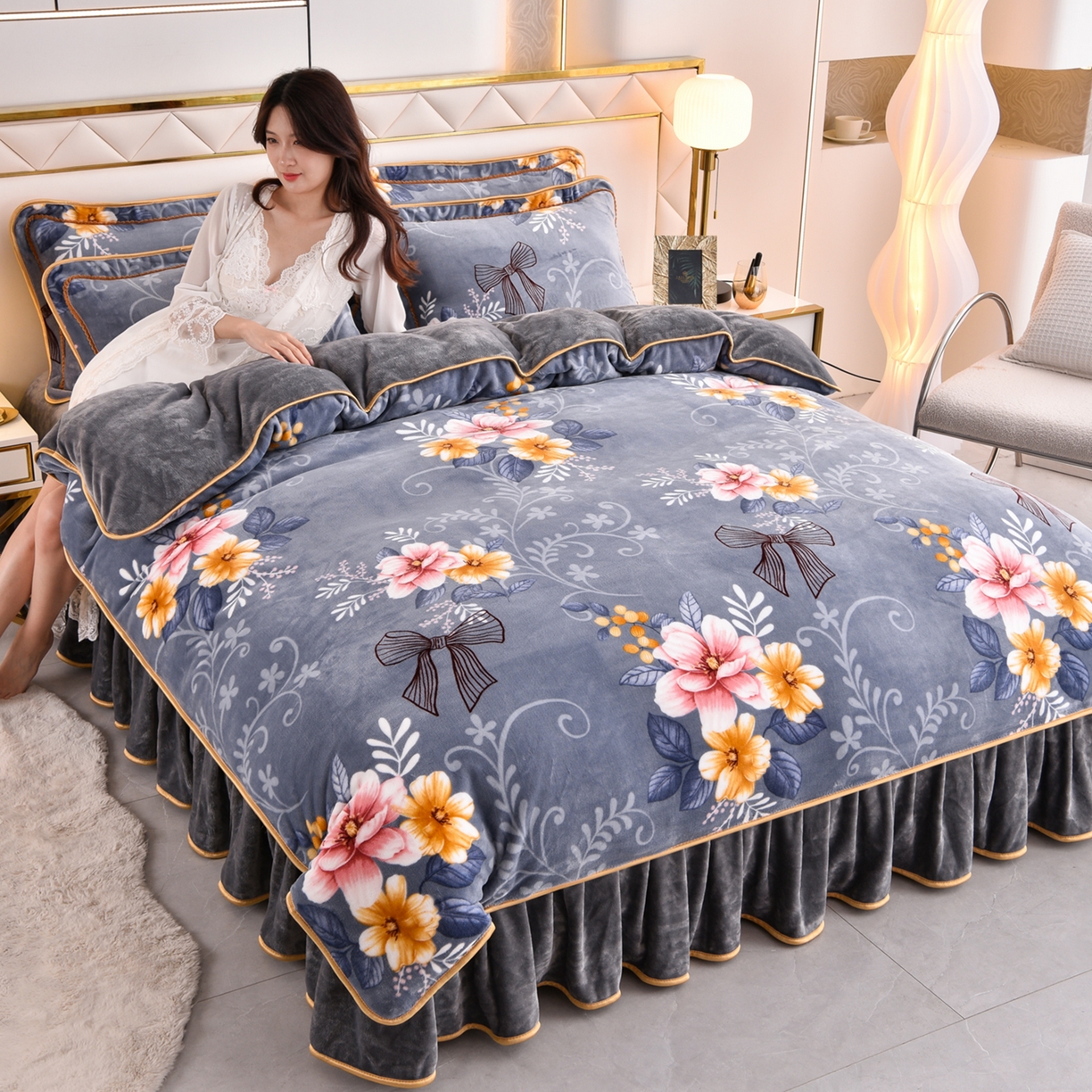 91家纺网 家纺一手货源 找家纺 （总）启扬 2025直播爆款新款8.5斤加厚高克重牛奶绒四件套床裙款法莱绒宝宝绒金貂绒