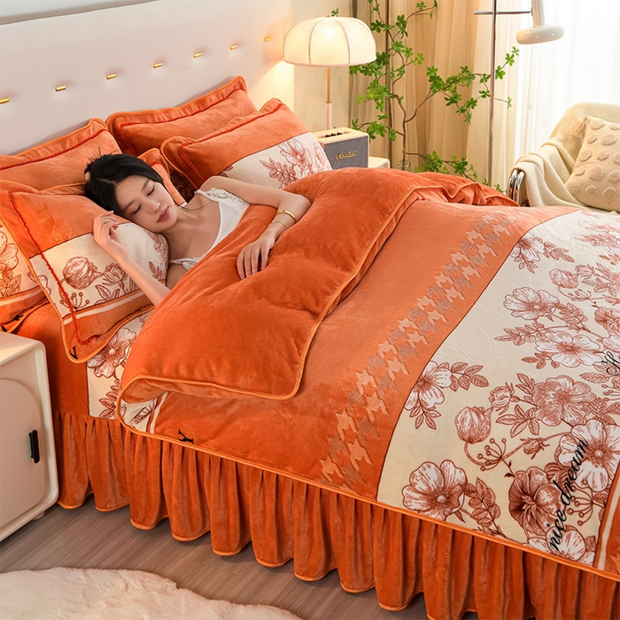 91家纺网 家纺一手货源 找家纺 启扬 2025直播爆款新款8.5斤加厚高克重牛奶绒四件套床裙款法莱绒宝宝绒金貂绒 心想事橙