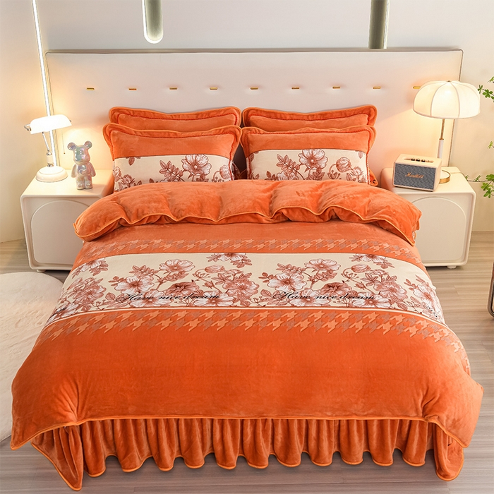 91家纺网 家纺一手货源 找家纺 启扬 2025直播爆款新款8.5斤加厚高克重牛奶绒四件套床裙款法莱绒宝宝绒金貂绒 心想事橙