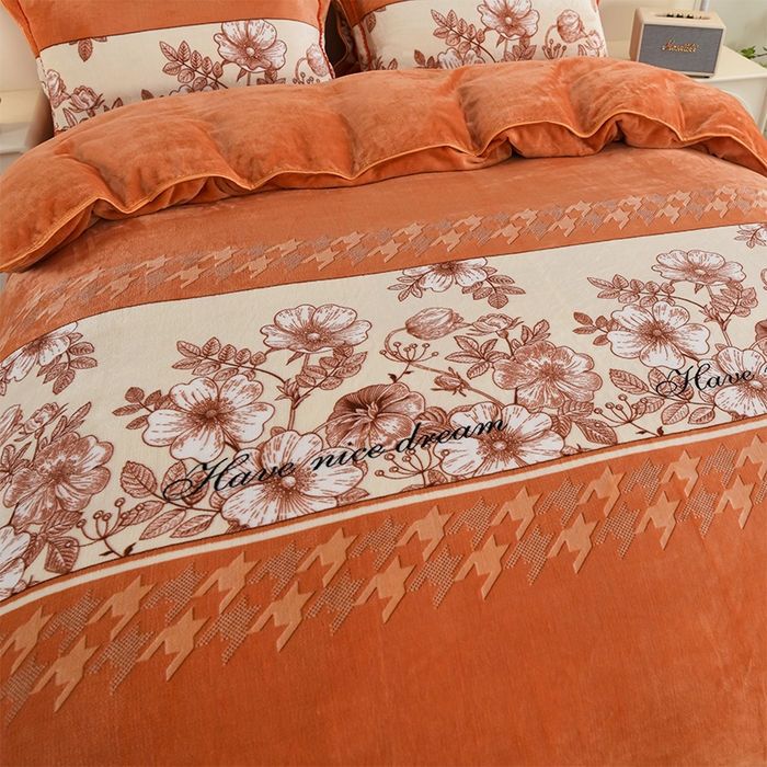 91家纺网 家纺一手货源 找家纺 启扬 2025直播爆款新款8.5斤加厚高克重牛奶绒四件套床裙款法莱绒宝宝绒金貂绒 心想事橙