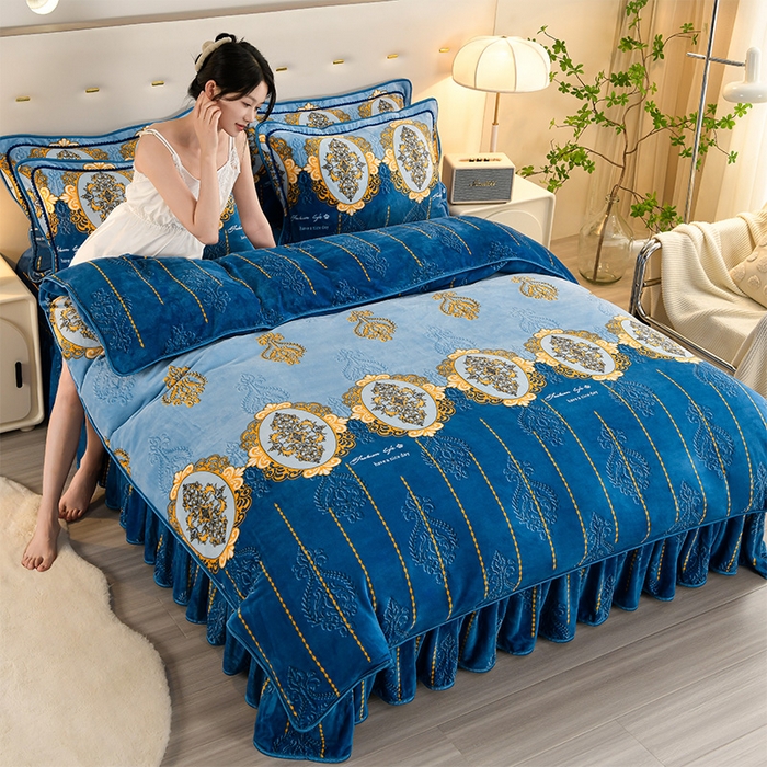 91家纺网 家纺一手货源 找家纺 启扬 2025直播爆款新款8.5斤加厚高克重牛奶绒四件套床裙款法莱绒宝宝绒金貂绒 经典生活