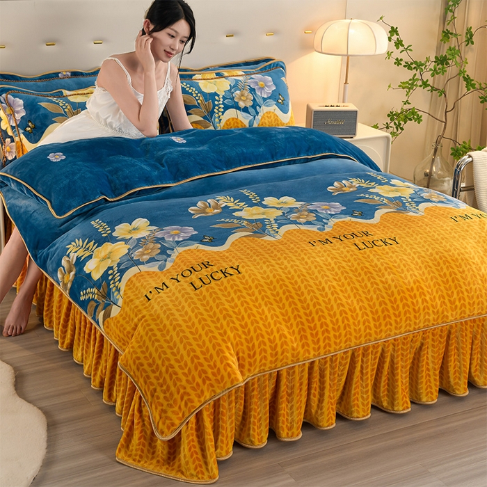 启扬 2025直播爆款新款8.5斤加厚高克重牛奶绒四件套床裙款法莱绒宝宝绒金貂绒 花枝招展