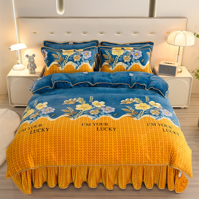 91家纺网 家纺一手货源 找家纺 启扬 2025直播爆款新款8.5斤加厚高克重牛奶绒四件套床裙款法莱绒宝宝绒金貂绒 花枝招展