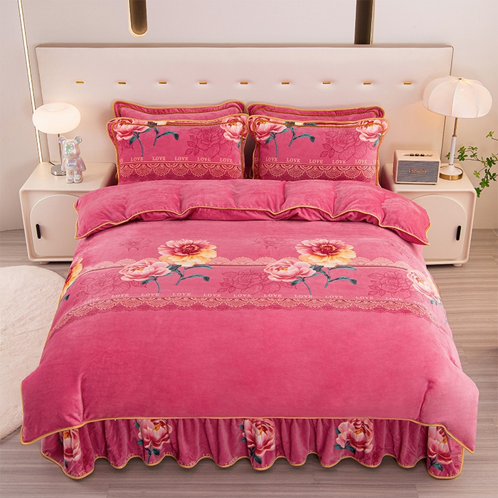 91家纺网 家纺一手货源 找家纺 启扬 2025直播爆款新款8.5斤加厚高克重牛奶绒四件套床裙款法莱绒宝宝绒金貂绒 国色天香